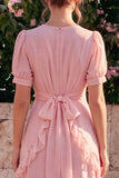 Pink V Neck Tiered Ruffle Wedding Guest Dress with Belt
