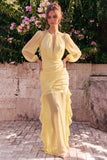Daffodil Ruched Keyhole Chiffon Wedding Guest Dress with Long Sleeves