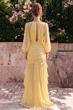 Daffodil Ruched Keyhole Chiffon Wedding Guest Dress with Long Sleeves