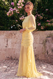 Daffodil Ruched Keyhole Chiffon Wedding Guest Dress with Long Sleeves
