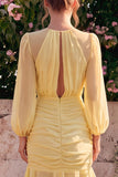 Daffodil Ruched Keyhole Chiffon Wedding Guest Dress with Long Sleeves