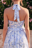 Blue Floral Halter Ruffled A Line Wedding Guest Dress