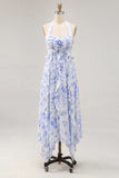 Blue Floral Halter Ruffled A Line Wedding Guest Dress