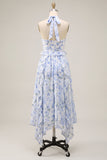 Blue Floral Halter Ruffled A Line Wedding Guest Dress