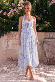 Blue Floral Halter Ruffled A Line Wedding Guest Dress