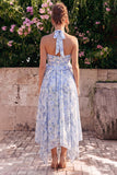 Blue Floral Halter Ruffled A Line Wedding Guest Dress