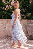 Blue Floral Halter Ruffled A Line Wedding Guest Dress