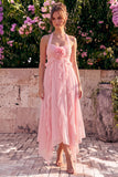 Blue Floral Halter Ruffled A Line Wedding Guest Dress