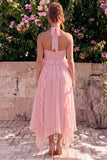 Blue Floral Halter Ruffled A Line Wedding Guest Dress