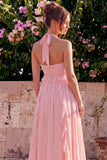 Blue Floral Halter Ruffled A Line Wedding Guest Dress