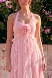 Blue Floral Halter Ruffled A Line Wedding Guest Dress