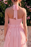 Blue Floral Halter Ruffled A Line Wedding Guest Dress