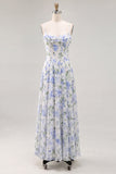 Corset A Line Blue Flower Maxi Wedding Guest Dress