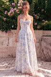 Corset A Line Blue Flower Maxi Wedding Guest Dress