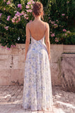 Corset A Line Blue Flower Maxi Wedding Guest Dress