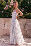 Corset A Line Blue Flower Maxi Wedding Guest Dress