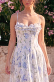 Corset A Line Blue Flower Maxi Wedding Guest Dress