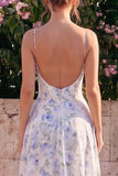 Corset A Line Blue Flower Maxi Wedding Guest Dress