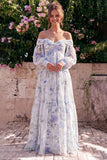 Off the Shoulder A Line Blue Flower Wedding Guest Dress with Long Sleeves