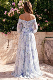 Off the Shoulder A Line Blue Flower Wedding Guest Dress with Long Sleeves