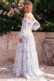 Off the Shoulder A Line Blue Flower Wedding Guest Dress with Long Sleeves
