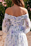 Off the Shoulder A Line Blue Flower Wedding Guest Dress with Long Sleeves