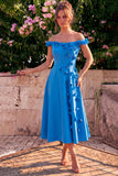 Blue Off the Shoulder A Line Midi Wedding Guest Dress with 3D Flowers
