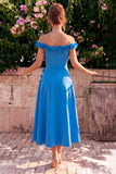 Blue Off the Shoulder A Line Midi Wedding Guest Dress with 3D Flowers