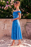 Blue Off the Shoulder A Line Midi Wedding Guest Dress with 3D Flowers