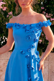Blue Off the Shoulder A Line Midi Wedding Guest Dress with 3D Flowers