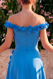 Blue Off the Shoulder A Line Midi Wedding Guest Dress with 3D Flowers