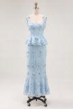Light Blue Mermaid Corset Applique Floral Wedding Guest Dress