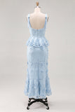 Light Blue Mermaid Corset Applique Floral Wedding Guest Dress