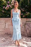 Light Blue Mermaid Corset Applique Floral Wedding Guest Dress