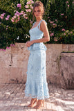 Light Blue Mermaid Corset Applique Floral Wedding Guest Dress