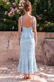 Light Blue Mermaid Corset Applique Floral Wedding Guest Dress