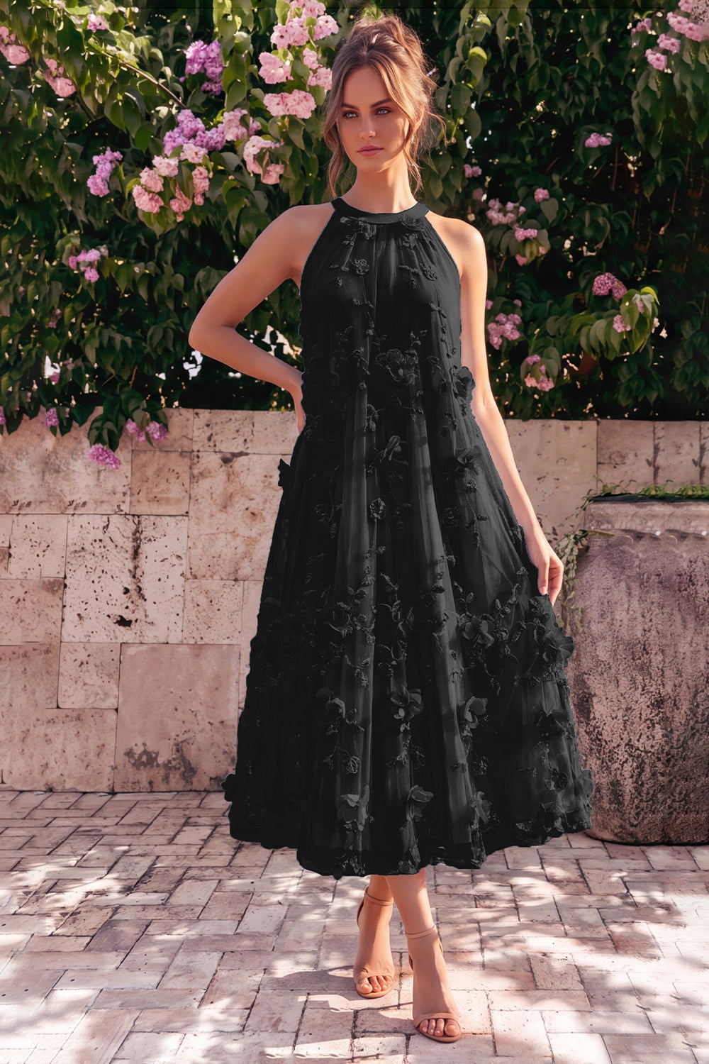 Wedtrend Women Halter Pink Wedding Guest Dress A Line Midi Dress with 3D Flowers, Black / US24W