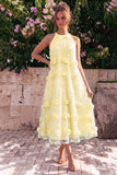 Halter A Line Pink Wedding Guest Dress with 3D Flowers