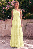 One Shoulder Light Blue A Line Wedding Guest Dress with 3D Flowers