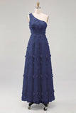 One Shoulder Light Blue A Line Wedding Guest Dress with 3D Flowers
