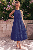 Halter A Line Pink Wedding Guest Dress with 3D Flowers