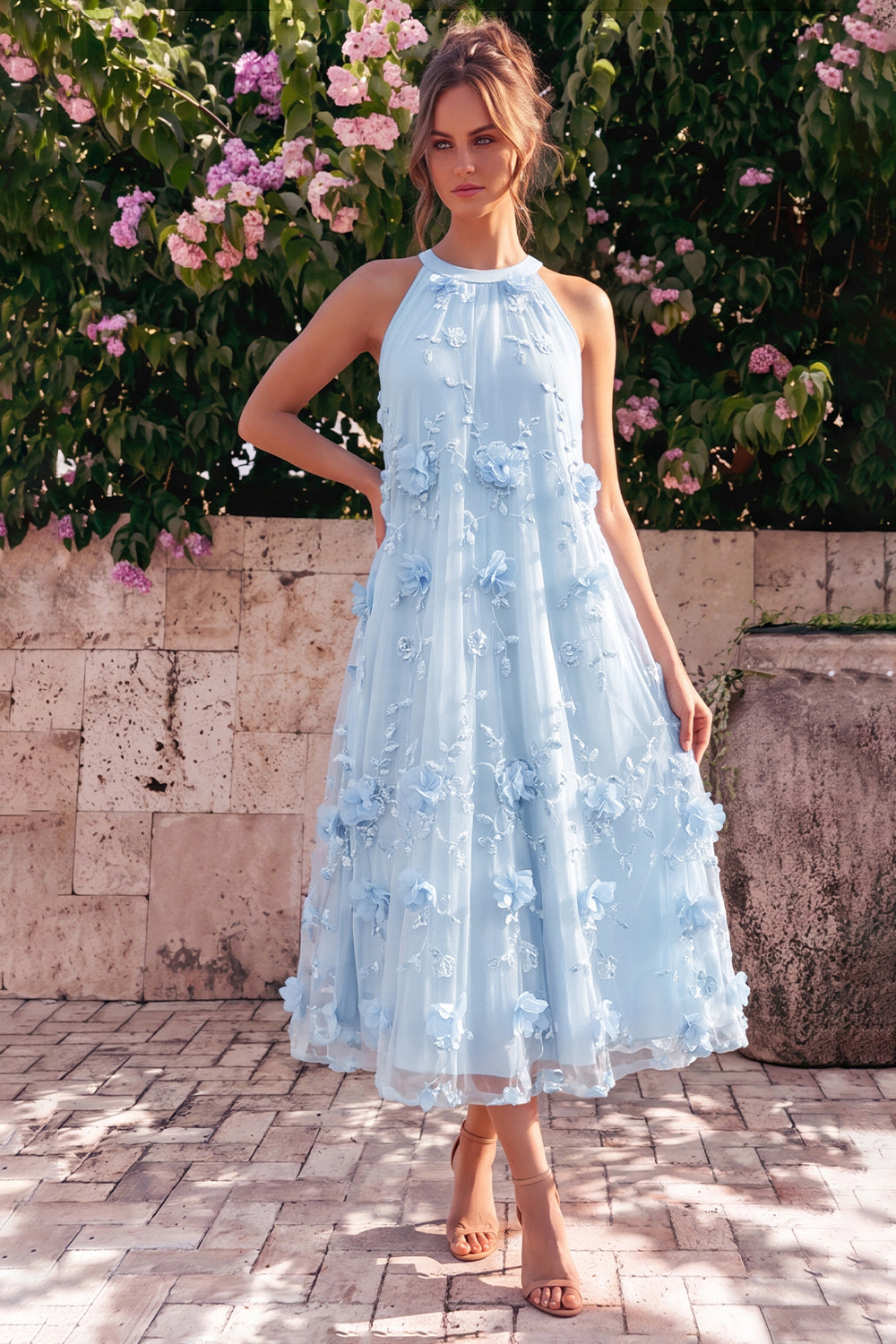 Wedtrend Women Halter Pink Wedding Guest Dress A Line Midi Dress with 3D Flowers, Light Blue / US24W