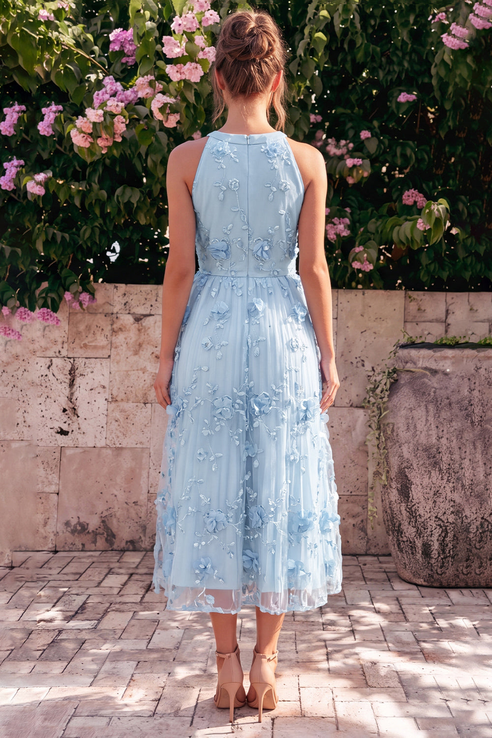 Wedtrend Women Halter Pink Wedding Guest Dress A Line Midi Dress with 3D Flowers, Light Blue / US24W