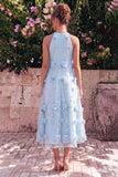 Halter A Line Pink Wedding Guest Dress with 3D Flowers