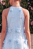 Halter A Line Pink Wedding Guest Dress with 3D Flowers