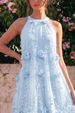 Halter A Line Pink Wedding Guest Dress with 3D Flowers