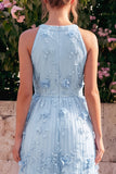 Halter A Line Pink Wedding Guest Dress with 3D Flowers