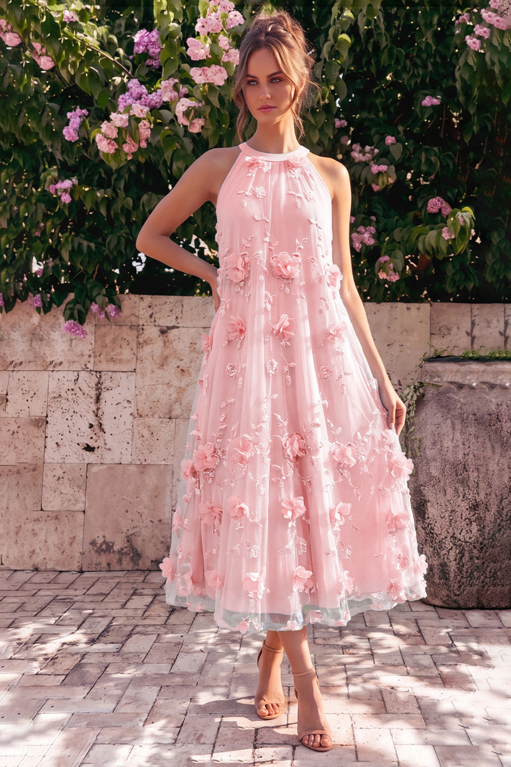 Wedtrend Women Halter Pink Wedding Guest Dress A Line Midi Dress with 3D Flowers, Pink / US20W