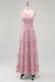 One Shoulder Light Blue A Line Wedding Guest Dress with 3D Flowers