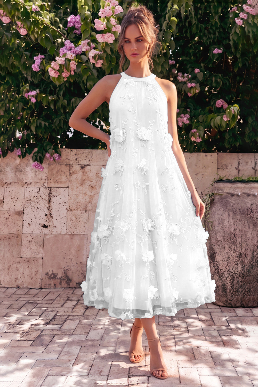 Wedtrend Women Halter Pink Wedding Guest Dress A Line Midi Dress with 3D Flowers, White / US6